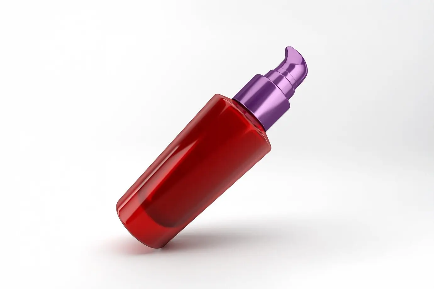 Красный косметический флакон с фиолетовой помпой, идеально подходящий для средств по уходу за кожей.